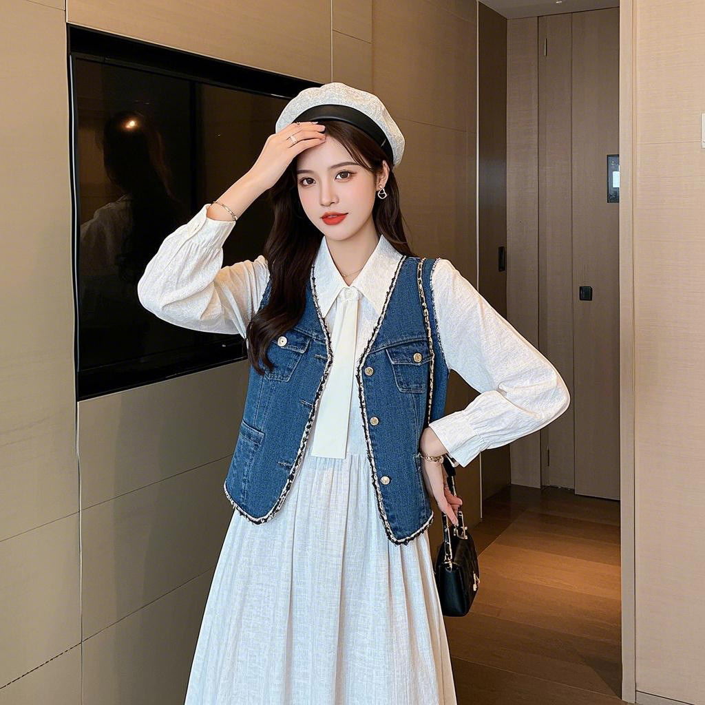 温柔时尚小香风牛仔马甲套装长裙女春秋新款法式气质两件套连衣裙